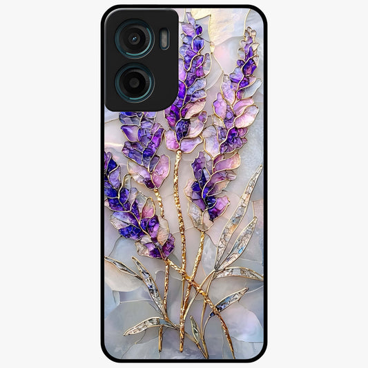 Lavender Dream Glow Glass Case showing flat back view with glowing lavender aesthetic artwork and glossy glass finish.