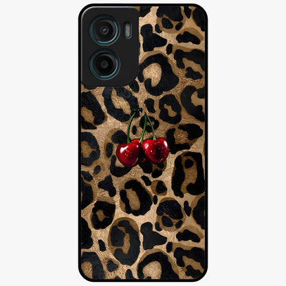 Leopard Wild Cherry Glass Case showing flat back view with leopard pattern and cherry artwork and glossy glass finish.
