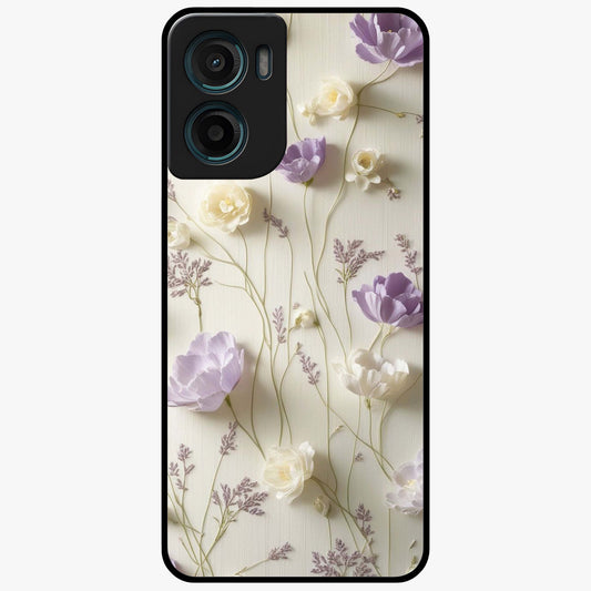 Lilac Breeze Harmony Glass Case showing flat back view with soft lilac themed artwork and glossy glass finish.
