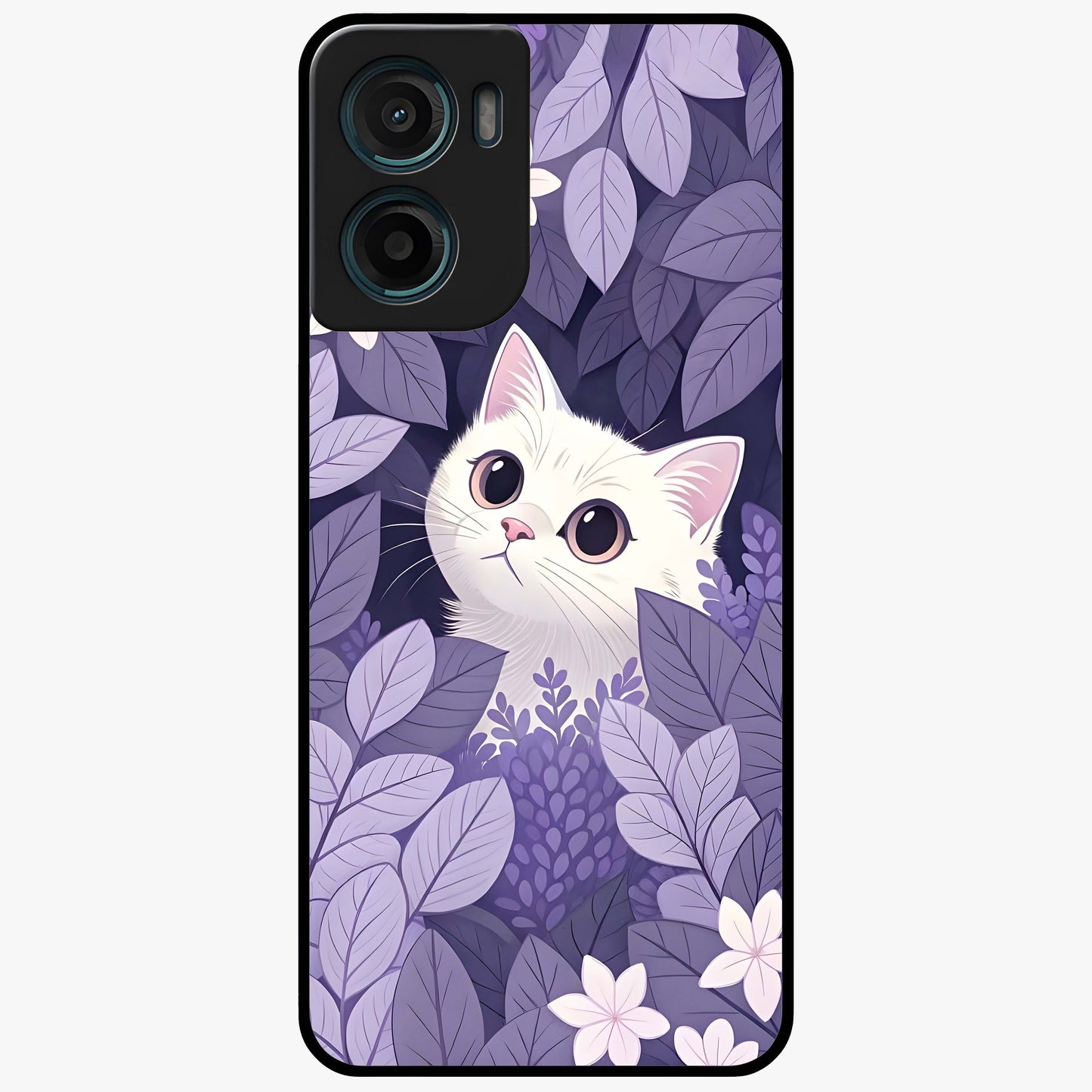 Lilac Hide Peek Cat Glass Case showing flat back view with cute peeking cat artwork and glossy glass finish.