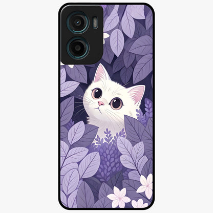 Lilac Hide Peek Cat Glass Case showing flat back view with cute peeking cat artwork and glossy glass finish.