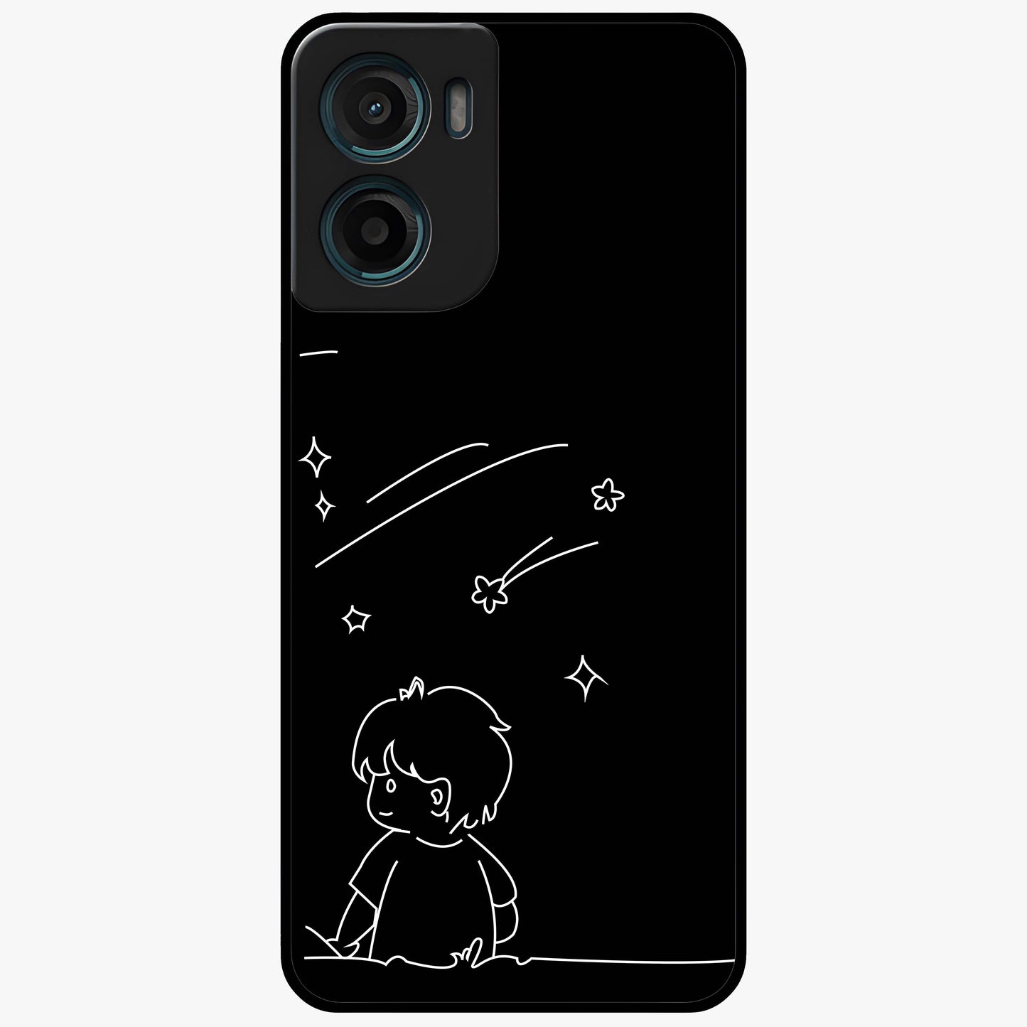 Line Art Boy With Shooting Stars Glass Case showing flat back view with minimal line art boy and shooting stars illustration and glossy glass finish.