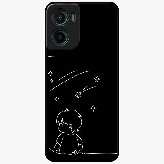Line Art Boy With Shooting Stars Glass Case showing flat back view with minimal line art boy and shooting stars illustration and glossy glass finish.
