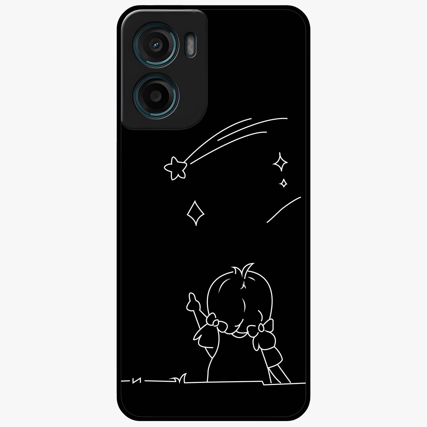 Line Art Girl With Shooting Stars Glass Case showing flat back view with minimal line art girl and shooting stars illustration and glossy glass finish.