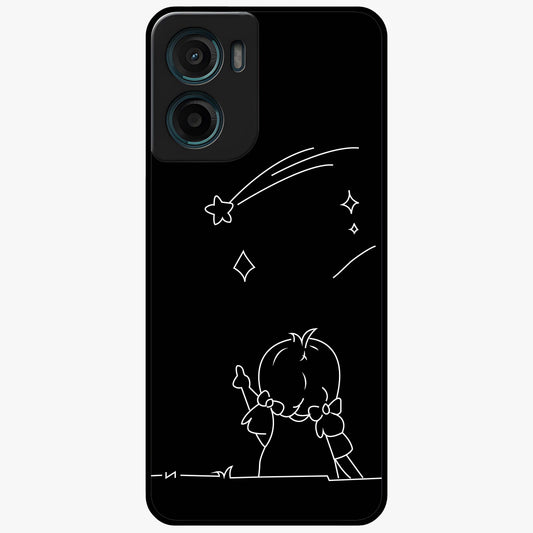 Line Art Girl With Shooting Stars Glass Case showing flat back view with minimal line art girl and shooting stars illustration and glossy glass finish.