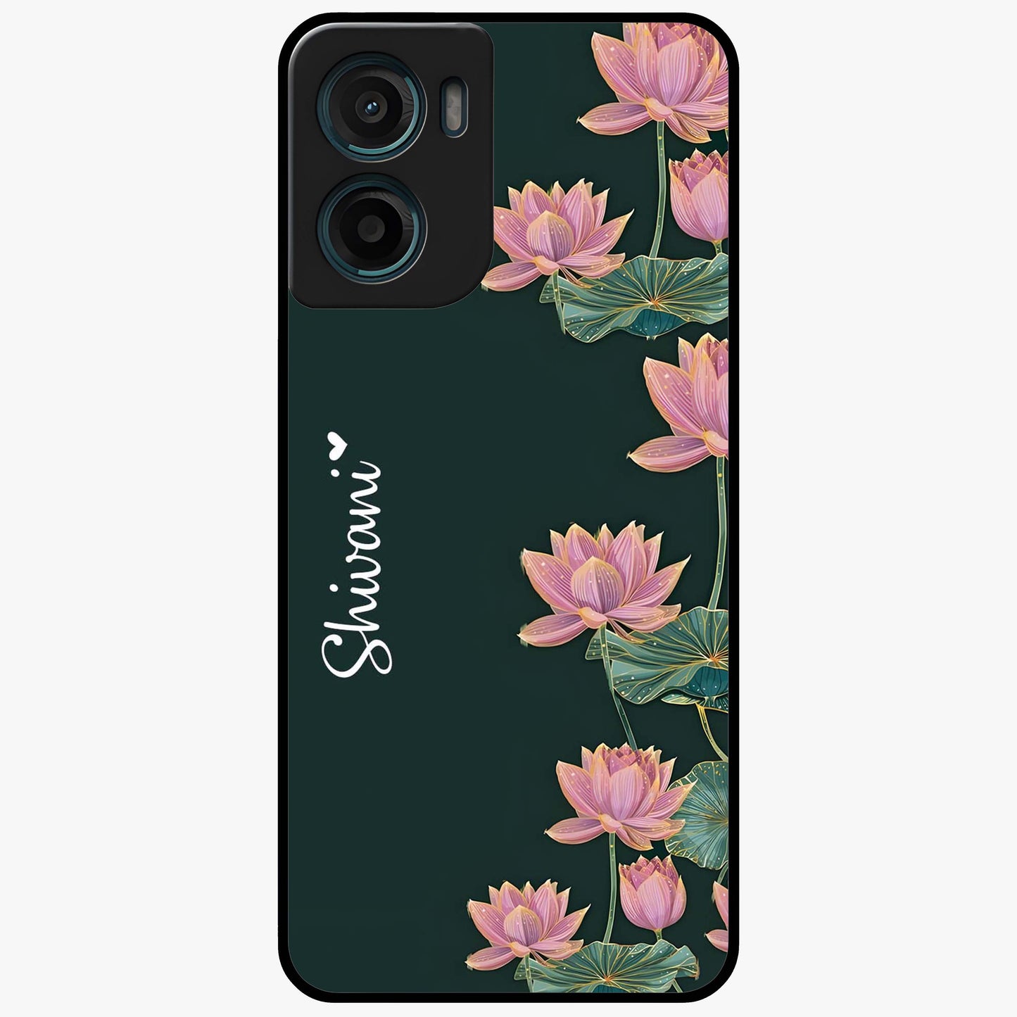 Lotus Bloom Serenity Custom Name Glass Case showing flat back view with elegant lotus flower artwork and personalized name design.