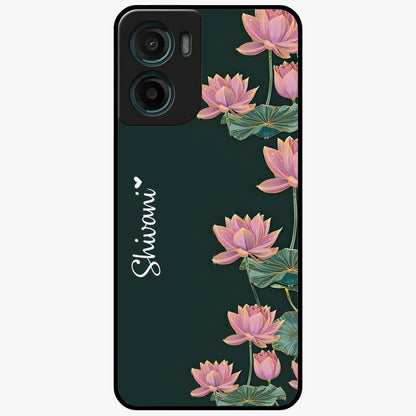Lotus Bloom Serenity Custom Name Glass Case showing flat back view with elegant lotus flower artwork and personalized name design.