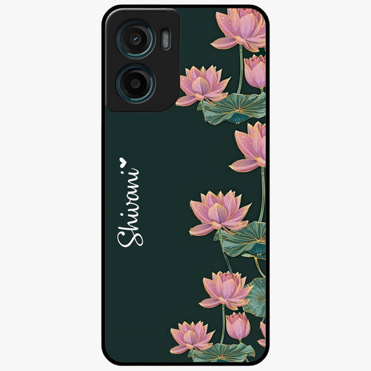 Lotus Bloom Serenity Custom Name Glass Case showing flat back view with elegant lotus flower artwork and personalized name design.