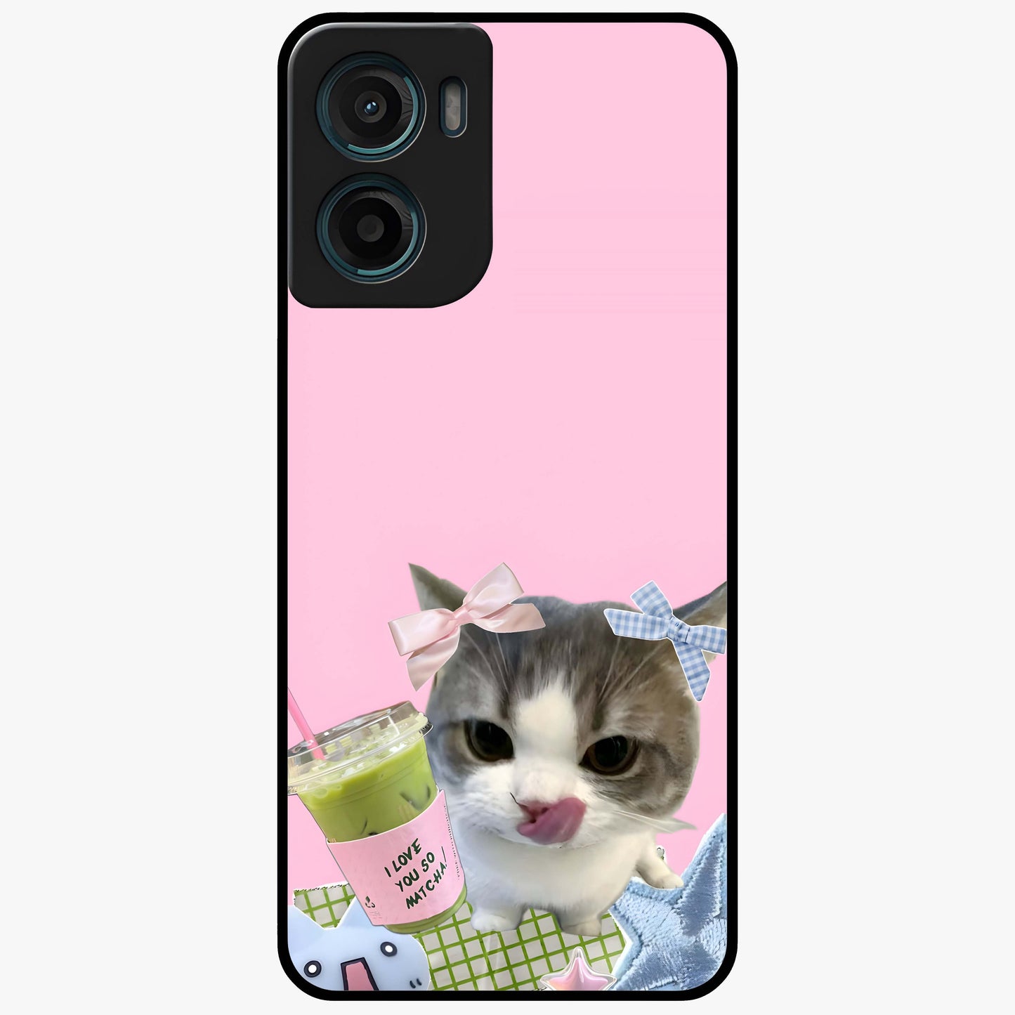 Love Matcha Cat Glass Case showing flat back view with cute cat and matcha themed artwork and glossy glass finish.