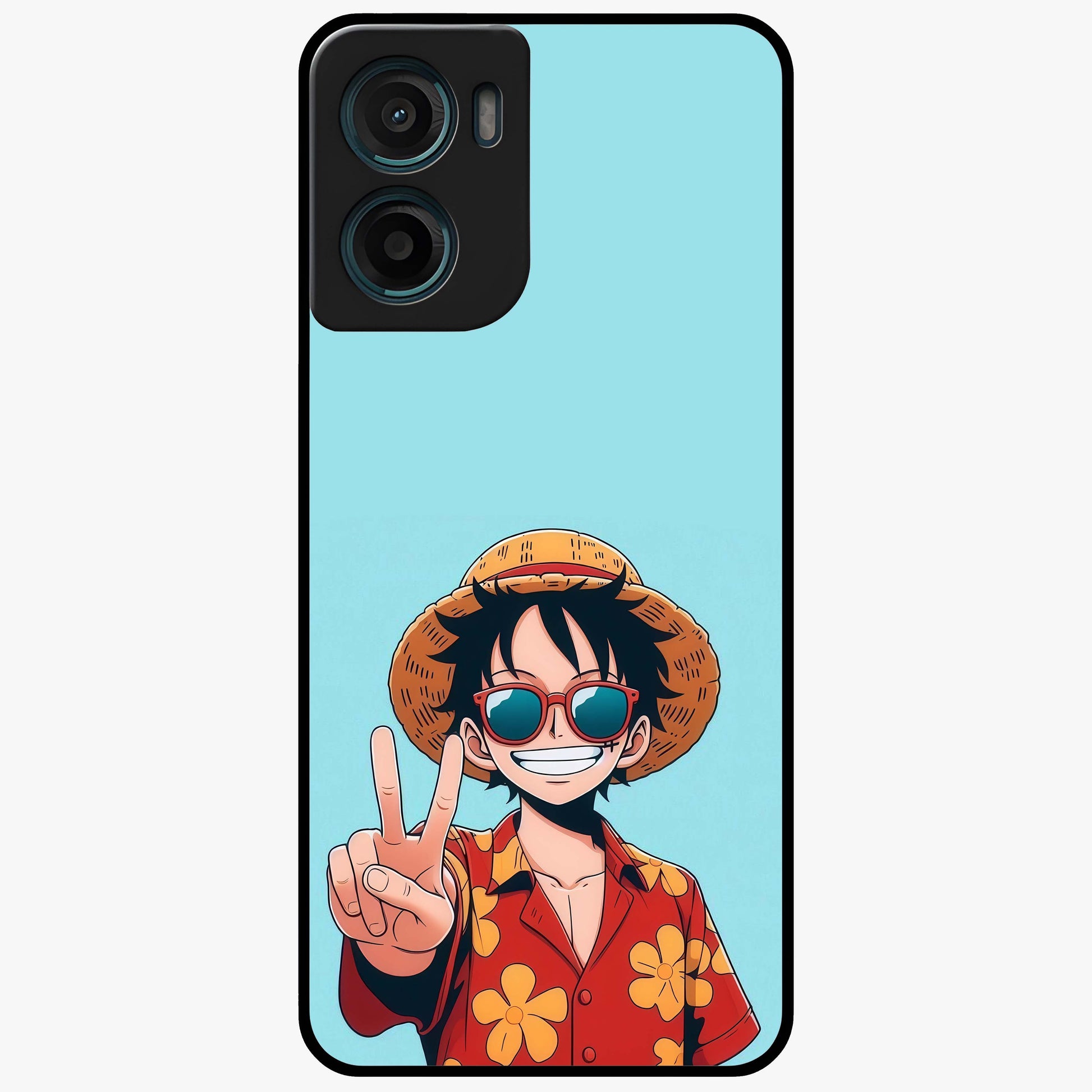 Luffy Summer Anime Vibe Glass Case showing flat back view with vibrant anime character artwork and glossy glass finish.