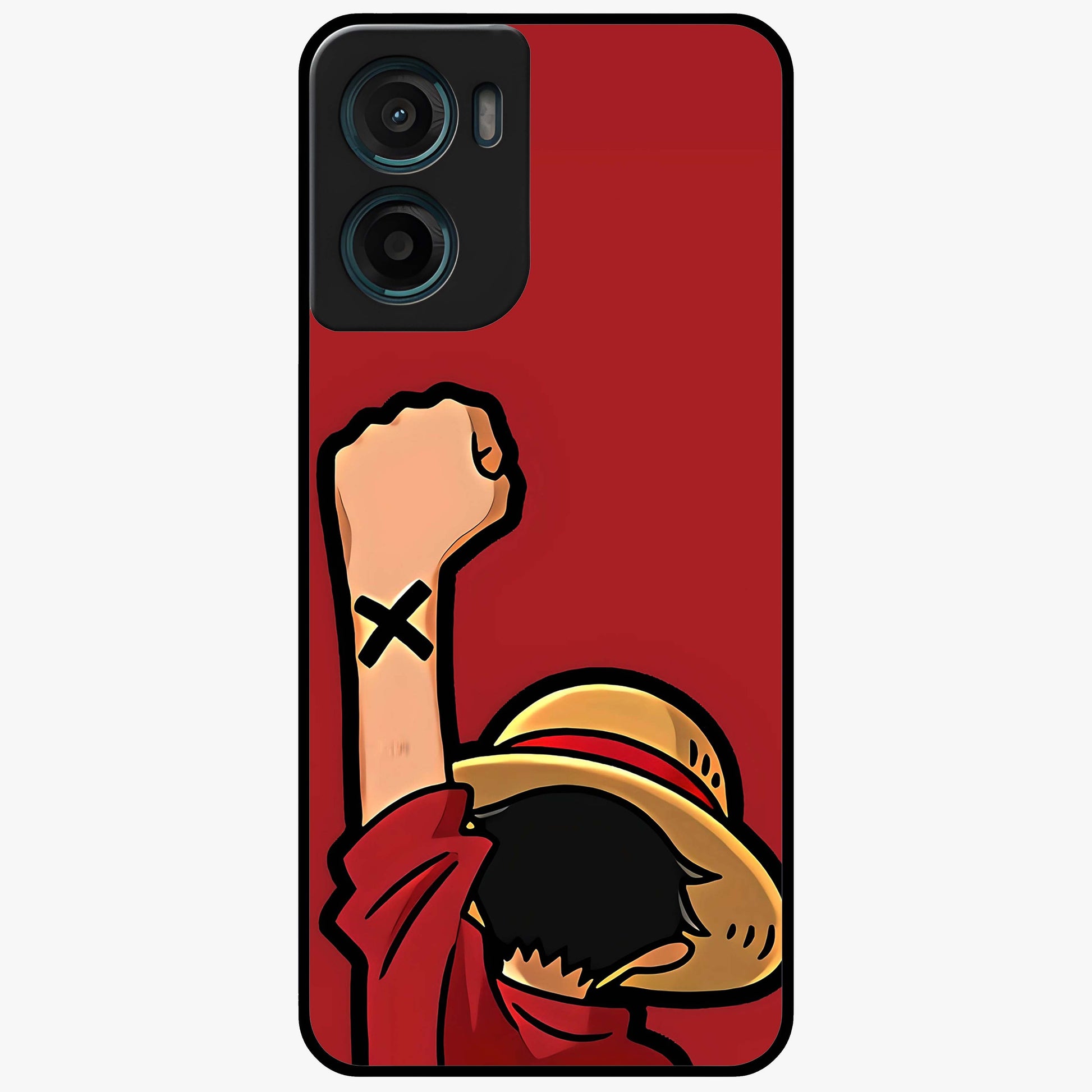 Luffy X Spirit Glass Case showing flat back view with bold anime character artwork and glossy glass finish.