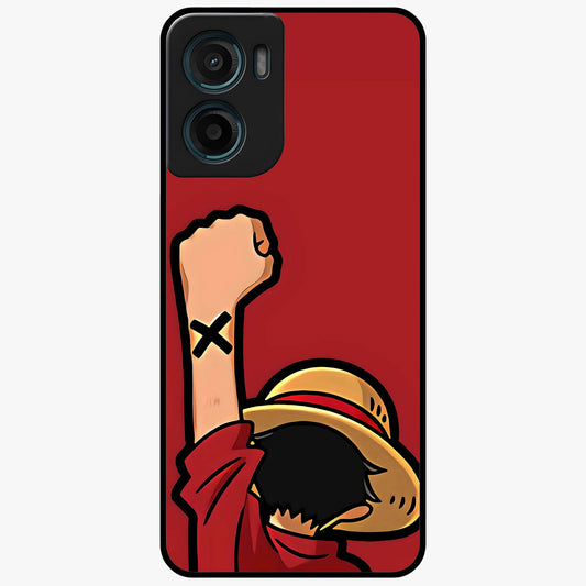 Luffy X Spirit Glass Case showing flat back view with bold anime character artwork and glossy glass finish.