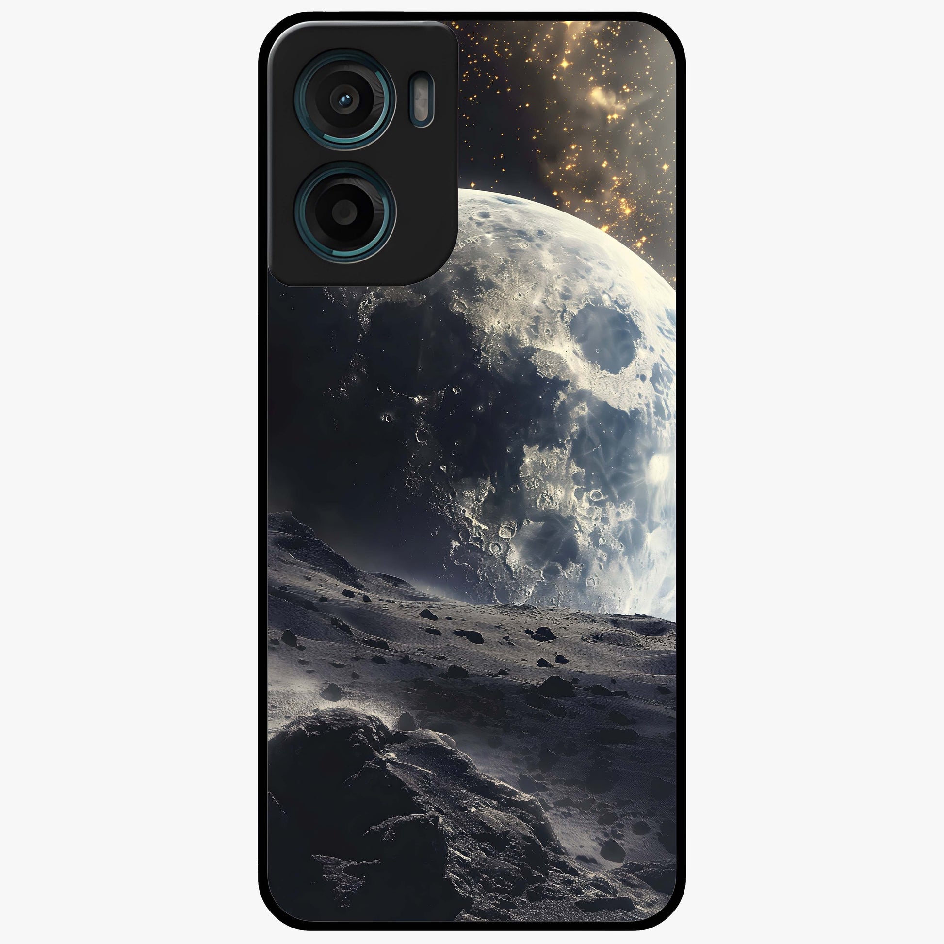 Lunar Horizon Glow Glass Case showing flat back view with glowing moon horizon artwork and glossy glass finish.
