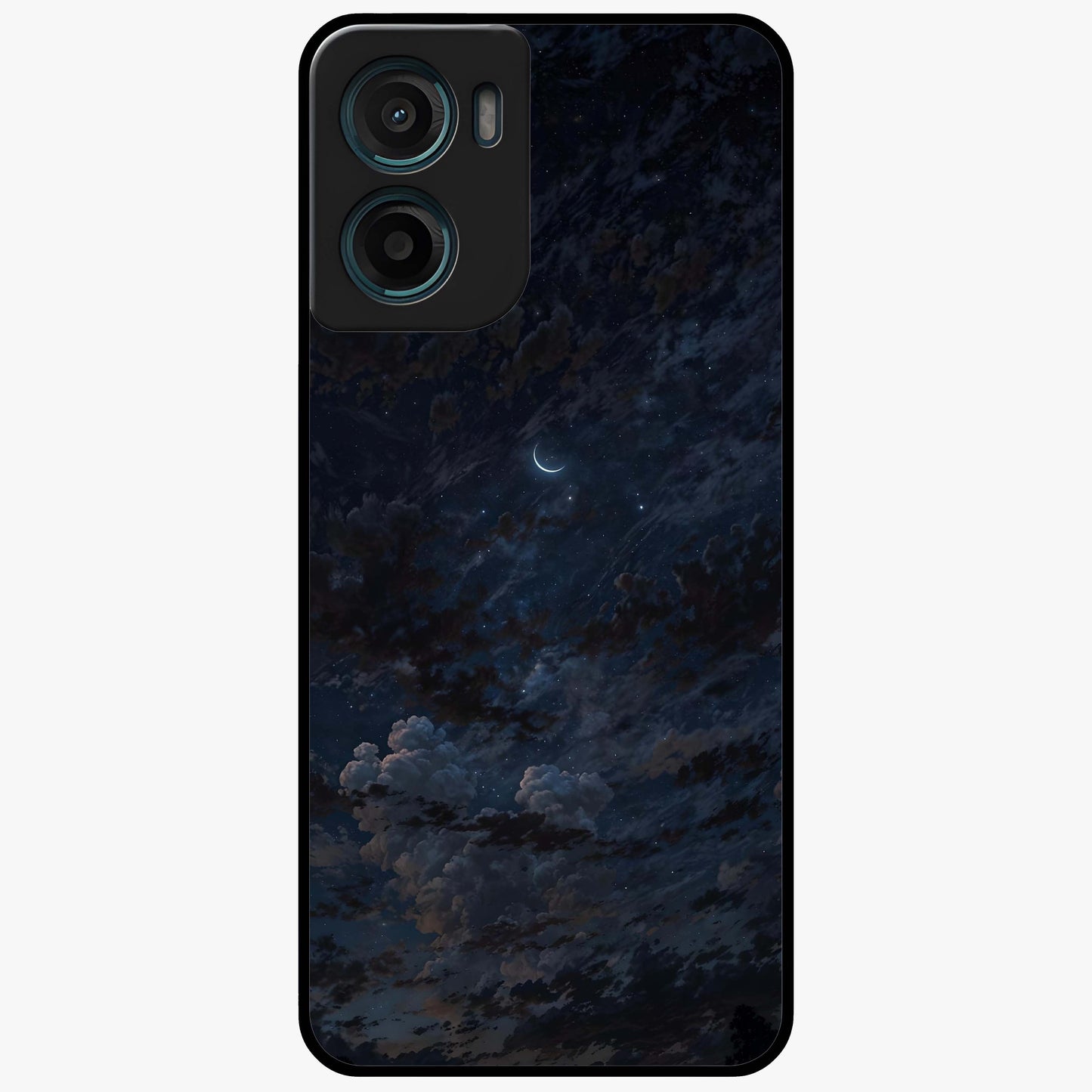 Lunar Veil Silence Glass Case showing flat back view with mystical moon veil artwork and glossy glass finish.