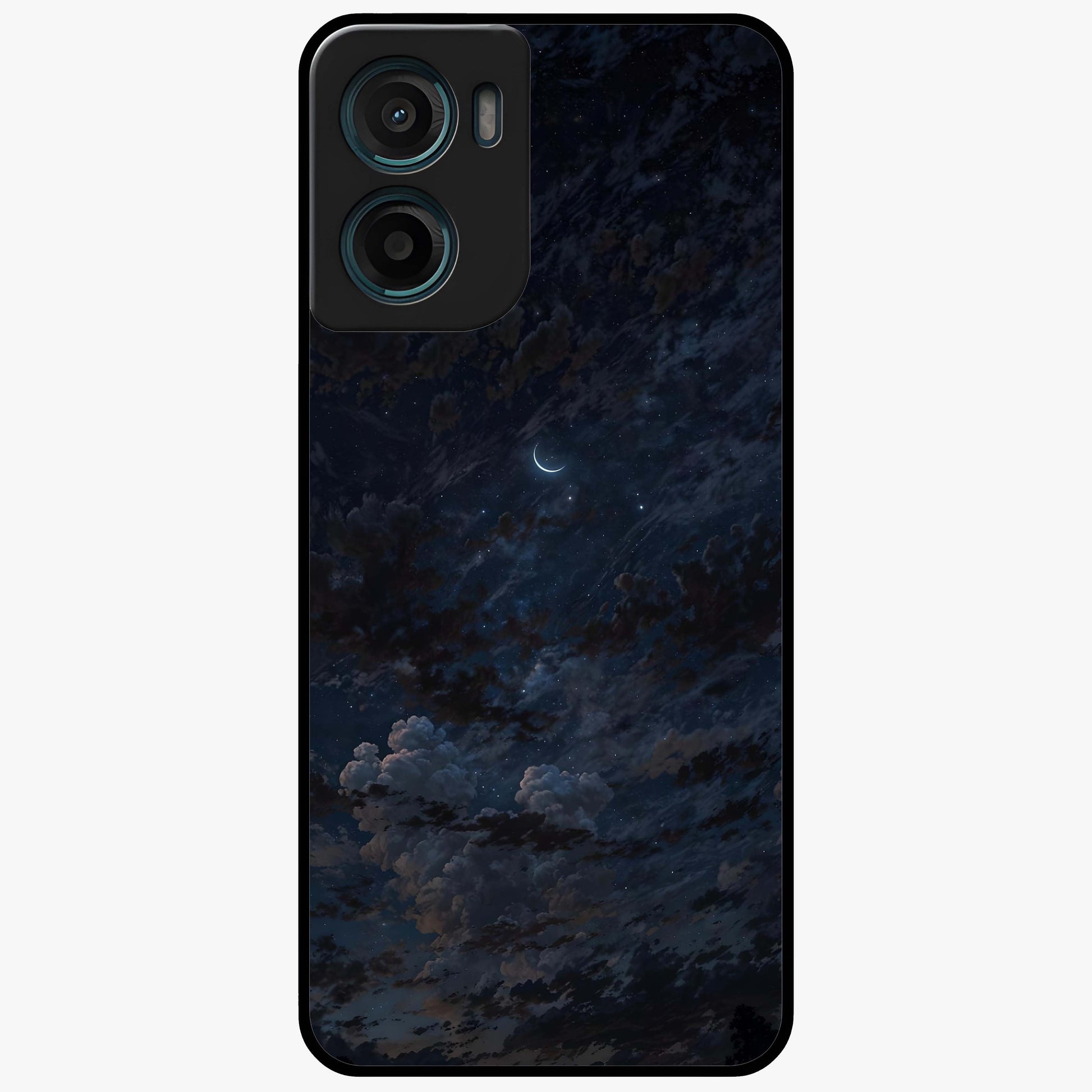 Lunar Veil Silence Glass Case showing flat back view with mystical moon veil artwork and glossy glass finish.