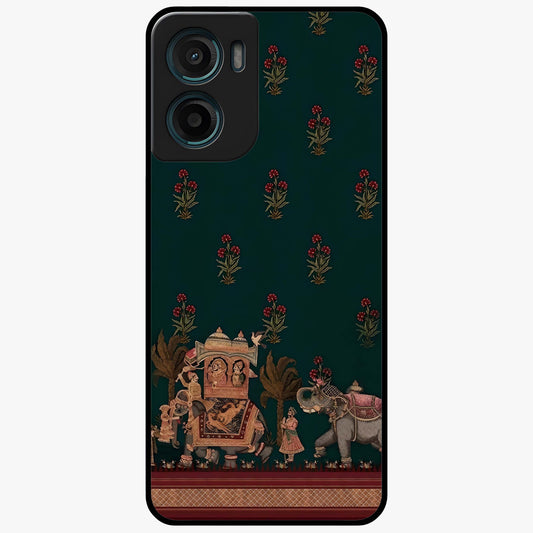 Macmerise Glass Case showing flat back view with stylish modern artwork and glossy glass finish.