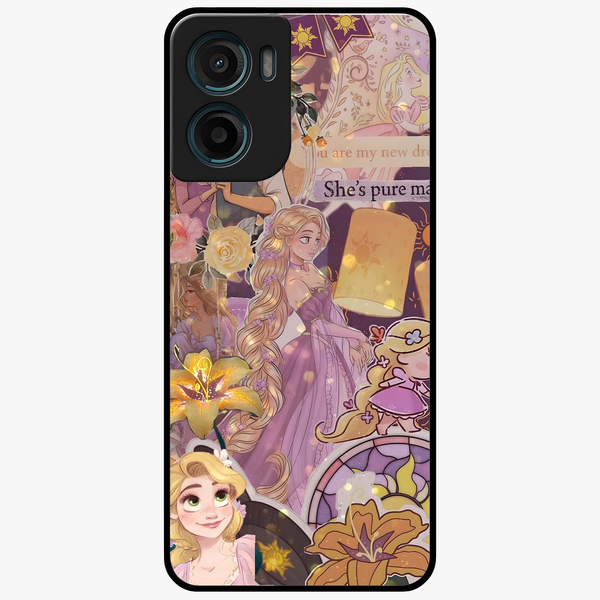 Magical Tangled Dream Glass Case showing flat back view with dreamy tangled artwork and glossy glass finish.