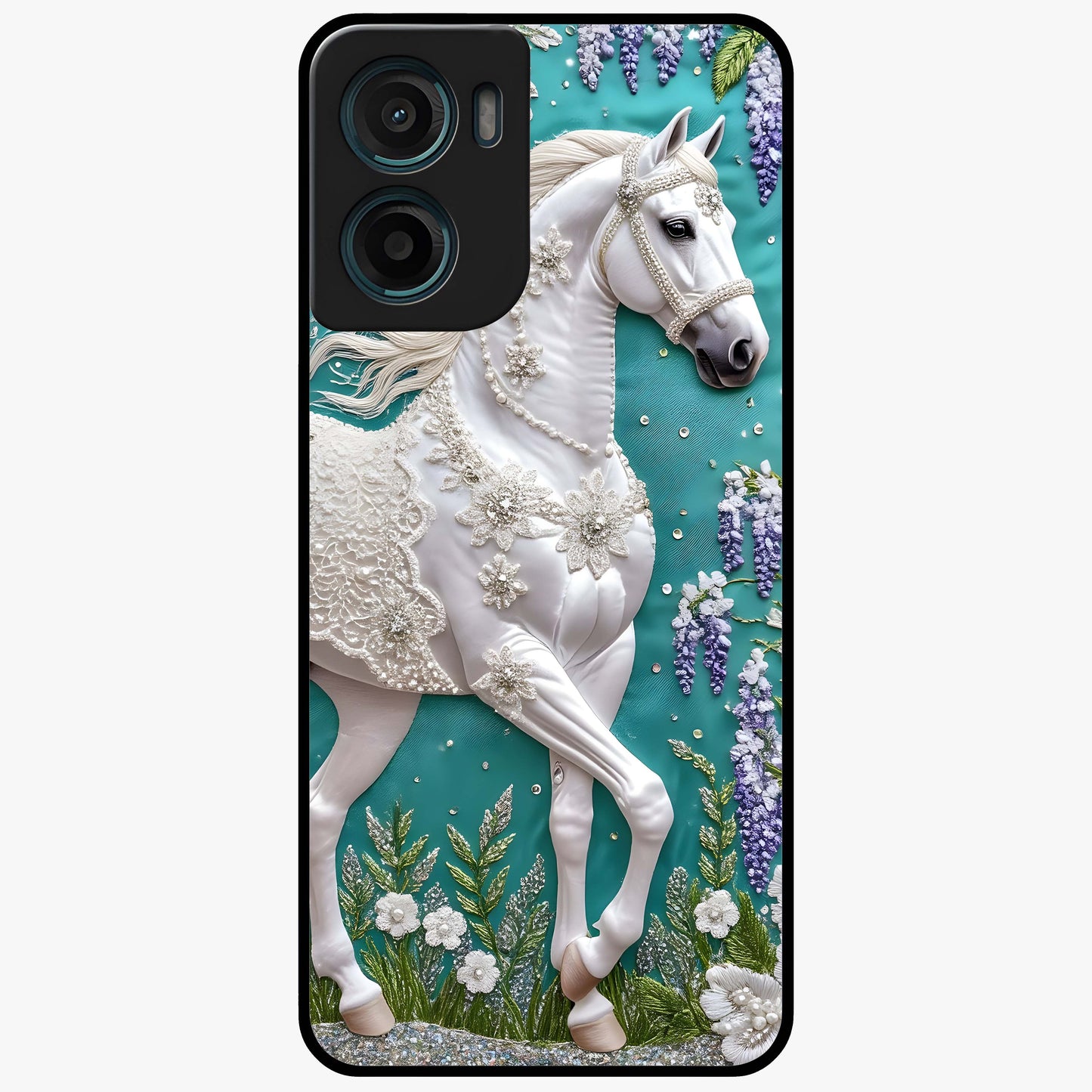 Majestic Floral Stallion Glass Case showing flat back view with powerful horse and floral artwork and glossy glass finish.