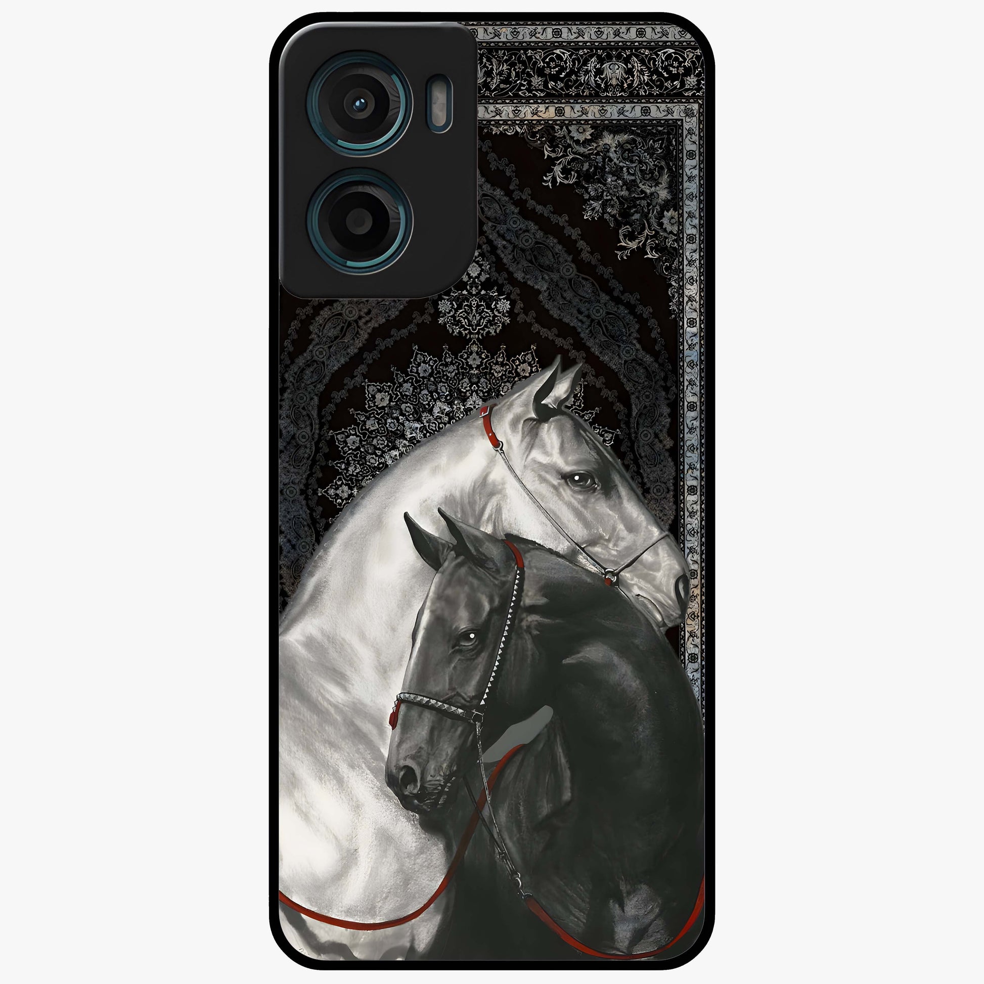 Majestic Ride Legacy Glass Case showing flat back view with powerful automotive inspired artwork and glossy glass finish.