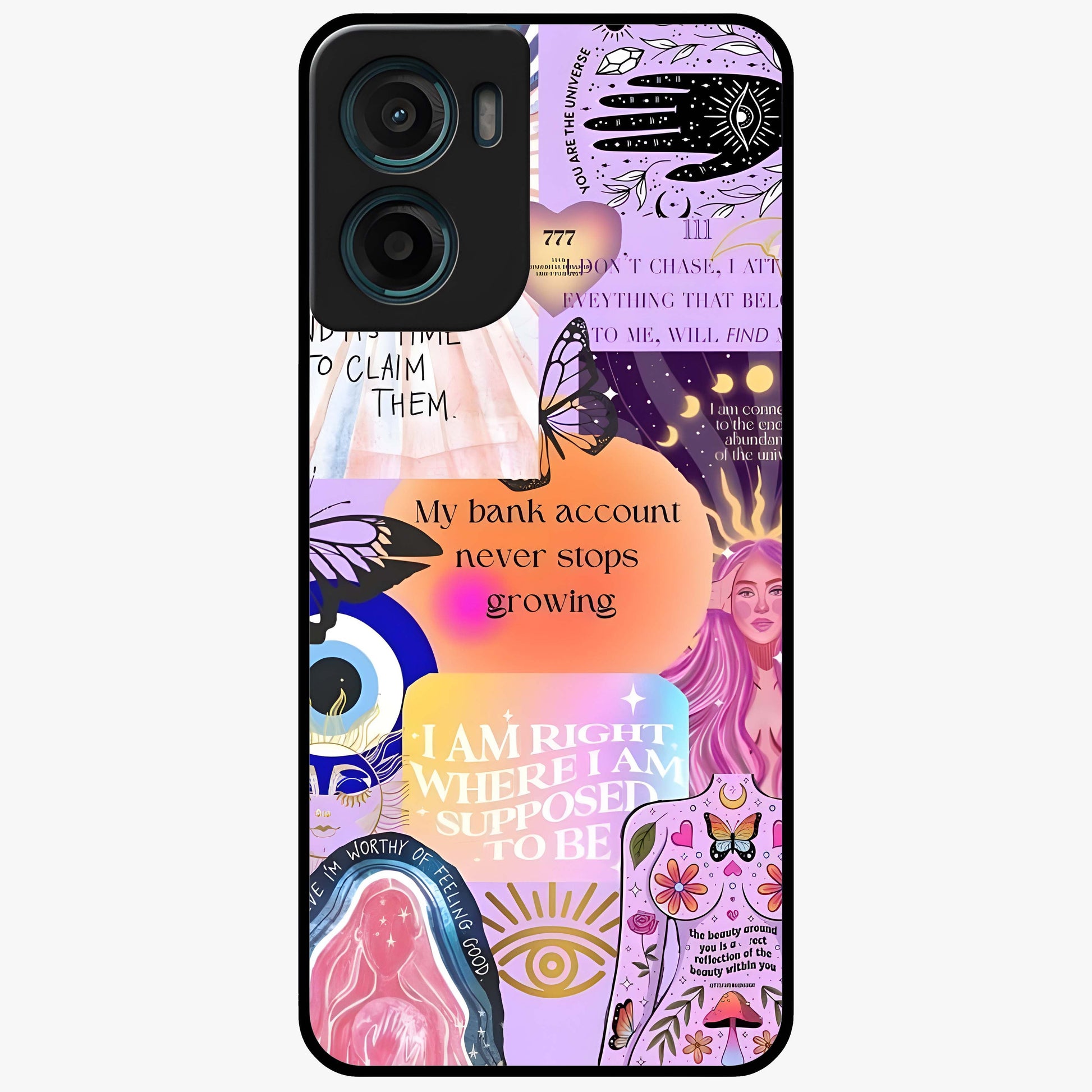 Manifestation Collage Glass Case showing flat back view with motivational collage artwork and glossy glass finish.