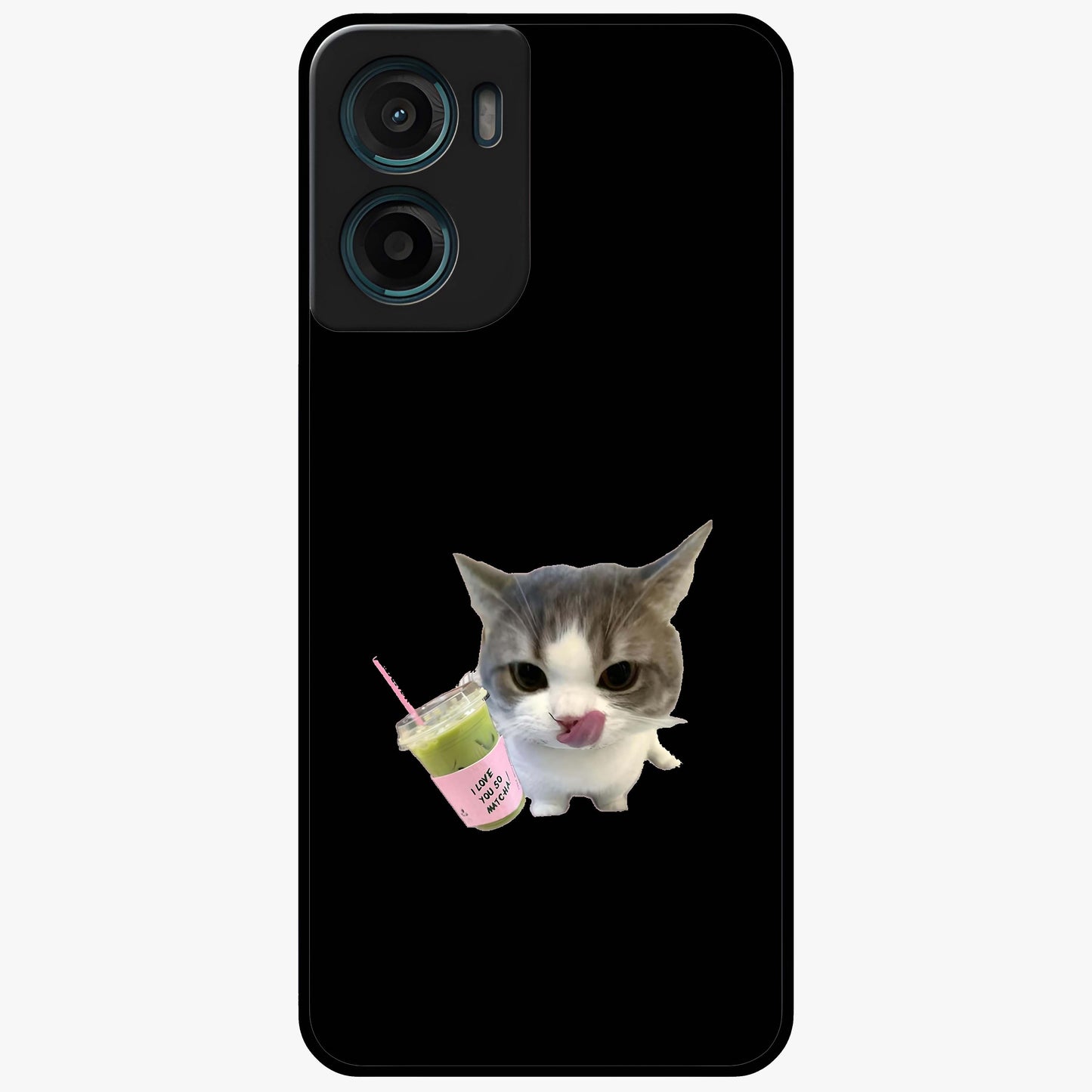 Matcha Cat Style Glass Case showing flat back view with cute matcha themed cat artwork and glossy glass finish.