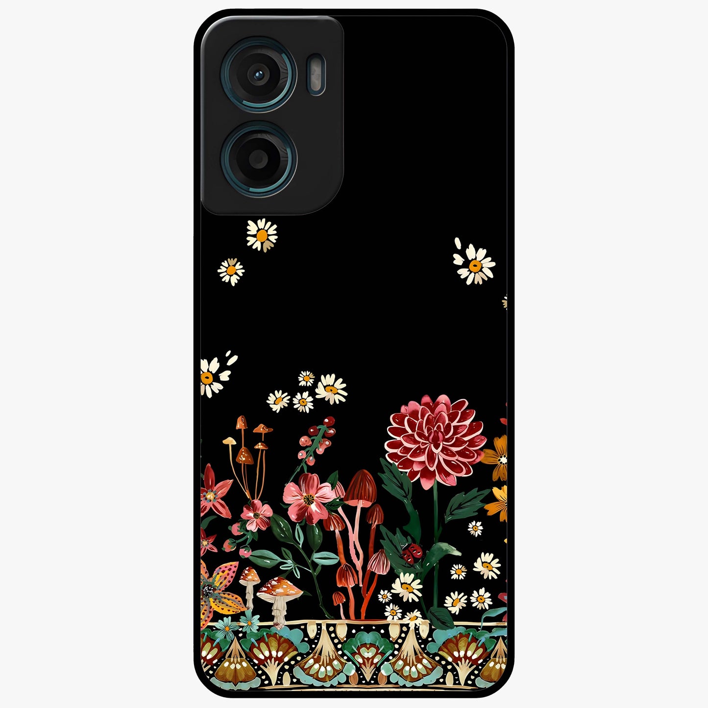 Midnight Bloom Pattern Glass Case showing flat back view with dark floral pattern artwork and glossy glass finish.