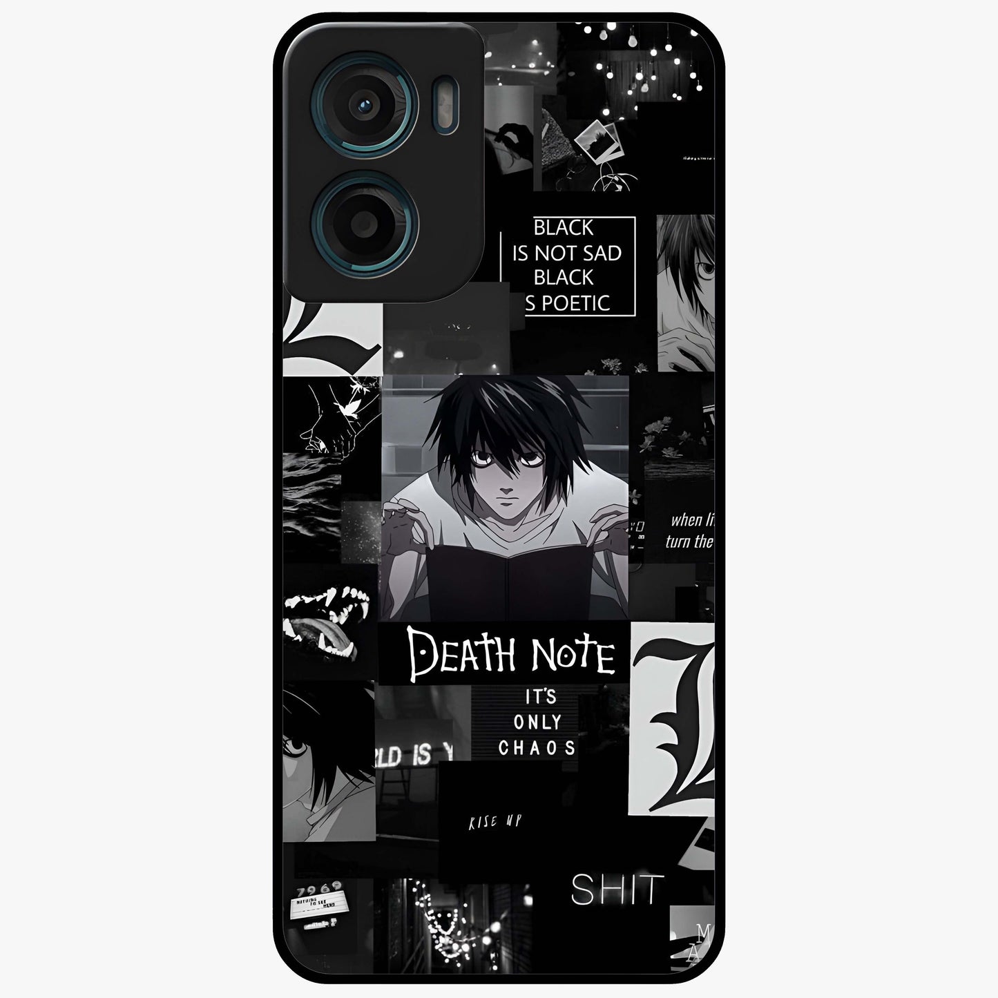 Midnight Chaos Mind Glass Case showing flat back view with abstract dark themed artwork and glossy glass finish.