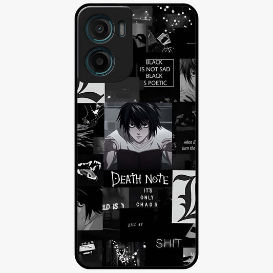 Midnight Chaos Mind Glass Case showing flat back view with abstract dark themed artwork and glossy glass finish.