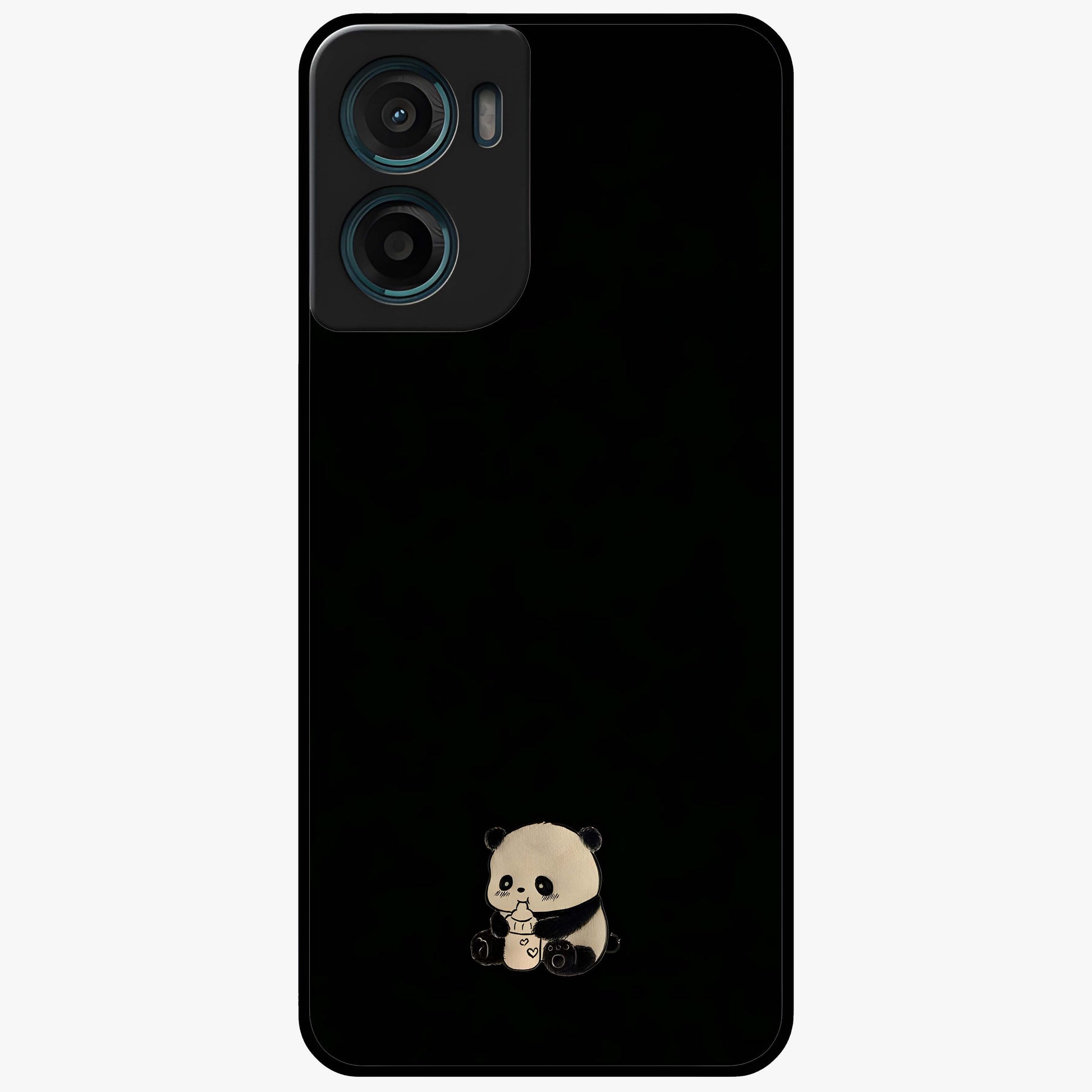 Midnight Panda Love Glass Case showing flat back view with cute panda themed artwork and glossy glass finish.
