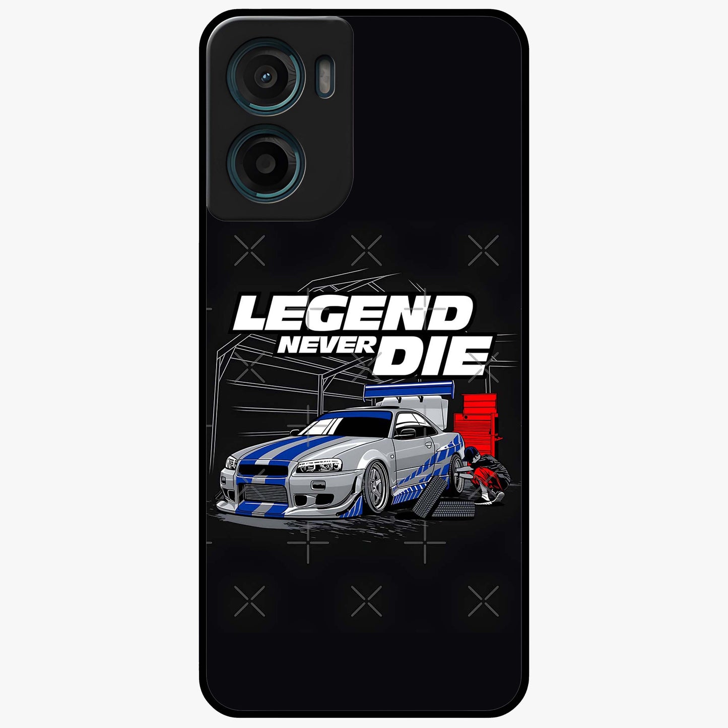 Midnight Racing Legacy Glass Case showing flat back view with sleek racing inspired artwork and glossy glass finish.