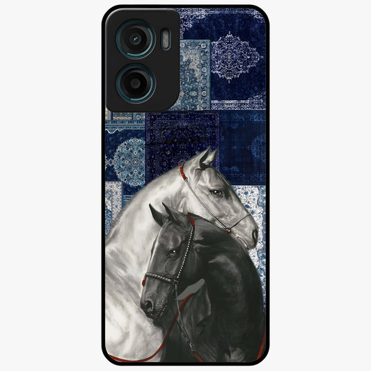 Midnight Stallion Blues Glass Case showing flat back view with majestic horse artwork and glossy glass finish.