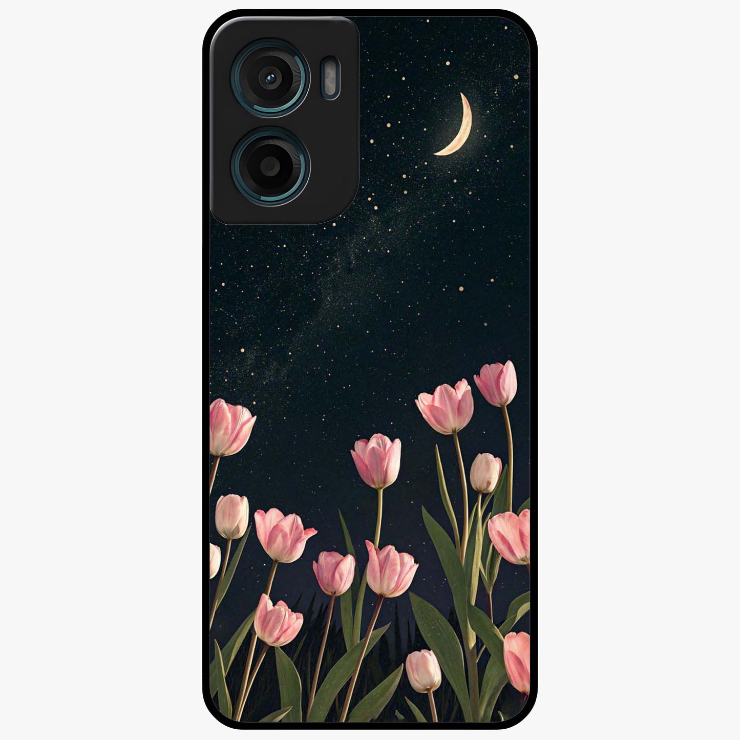 Midnight Tulip Whispers Vibe Glass Case showing flat back view with elegant tulip flower artwork and glossy glass finish.
