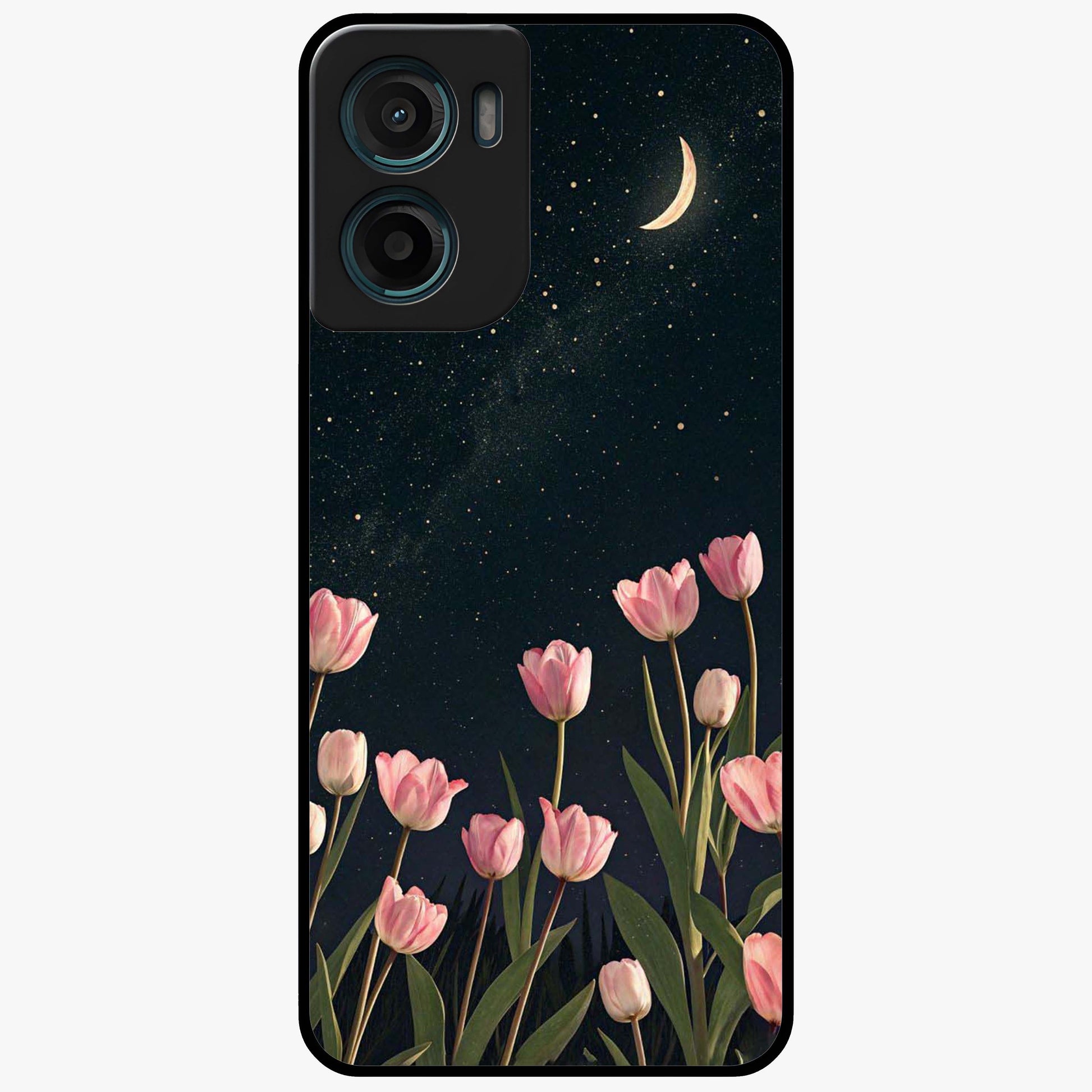 Midnight Tulip Whispers Vibe Glass Case showing flat back view with elegant tulip flower artwork and glossy glass finish.