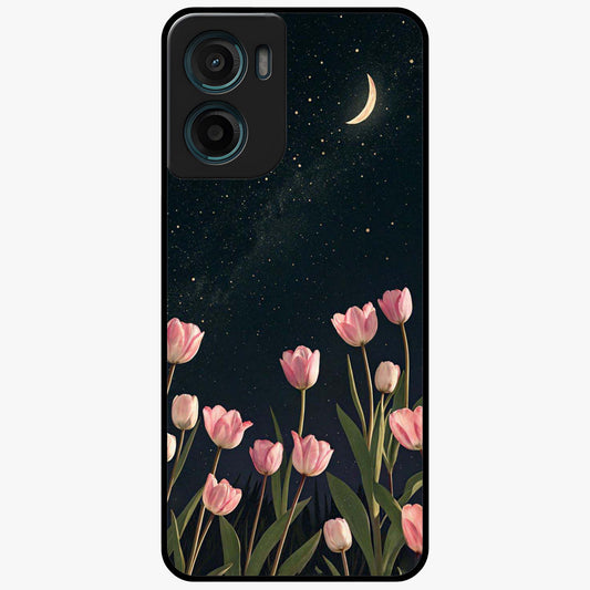 Midnight Tulip Whispers Vibe Glass Case showing flat back view with elegant tulip flower artwork and glossy glass finish.