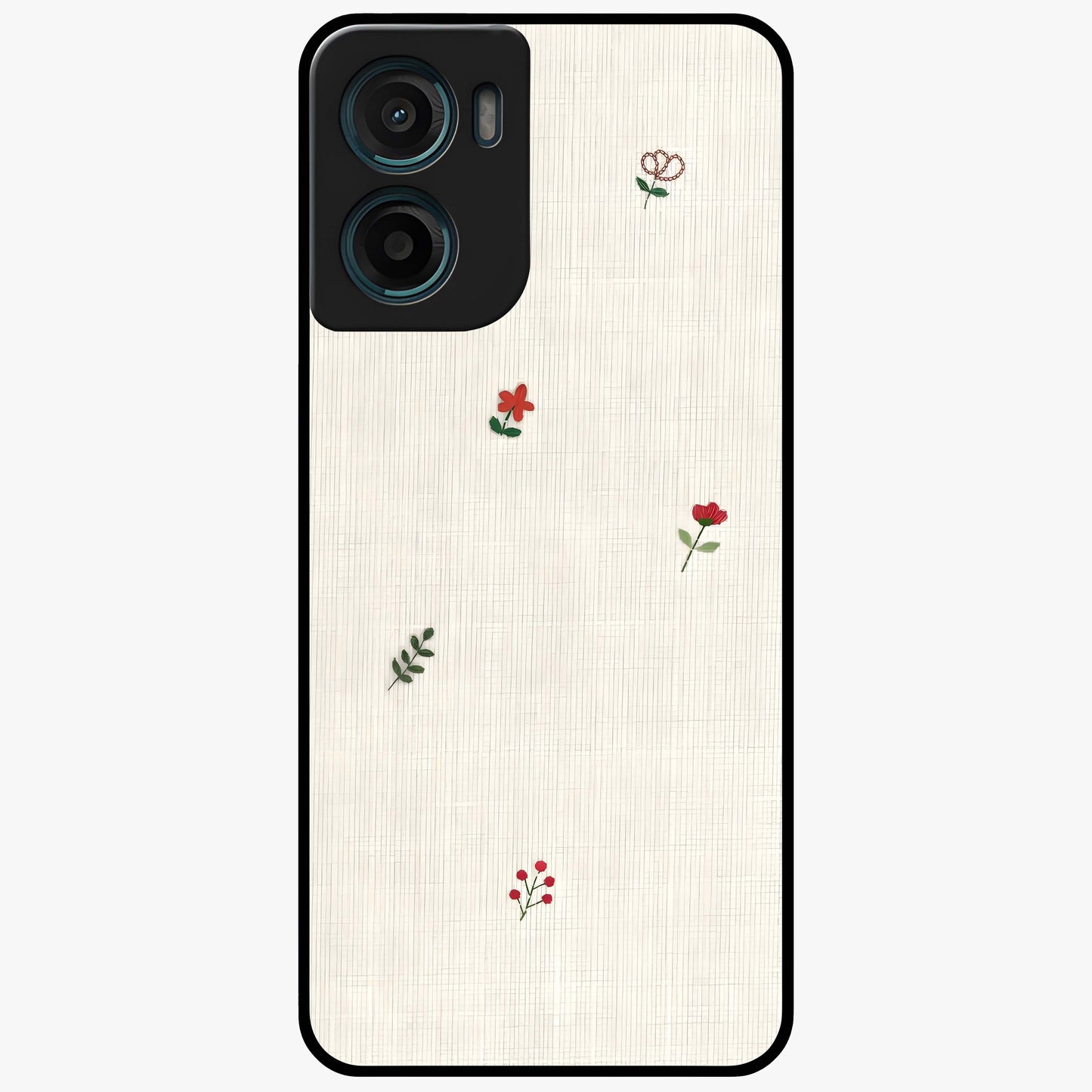 Minimal Petal Whispers Glass Case showing flat back view with soft minimal floral artwork and glossy glass finish.