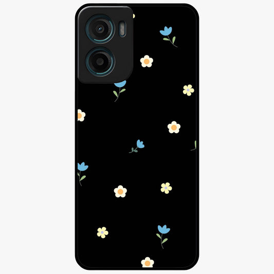 Minimalistic Blue With White Flower Pattern Glass Case showing flat back view with blue background and white flower pattern and glossy glass finish.