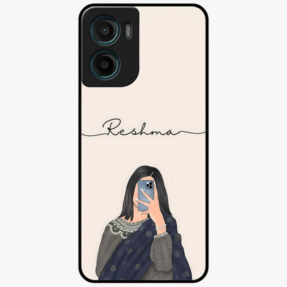 Mirror Mood Muse With Custom Name Glass Case showing flat back view with stylish mirrored artwork and personalized name design.
