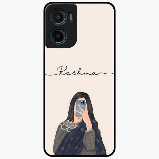 Mirror Mood Muse With Custom Name Glass Case showing flat back view with stylish mirrored artwork and personalized name design.