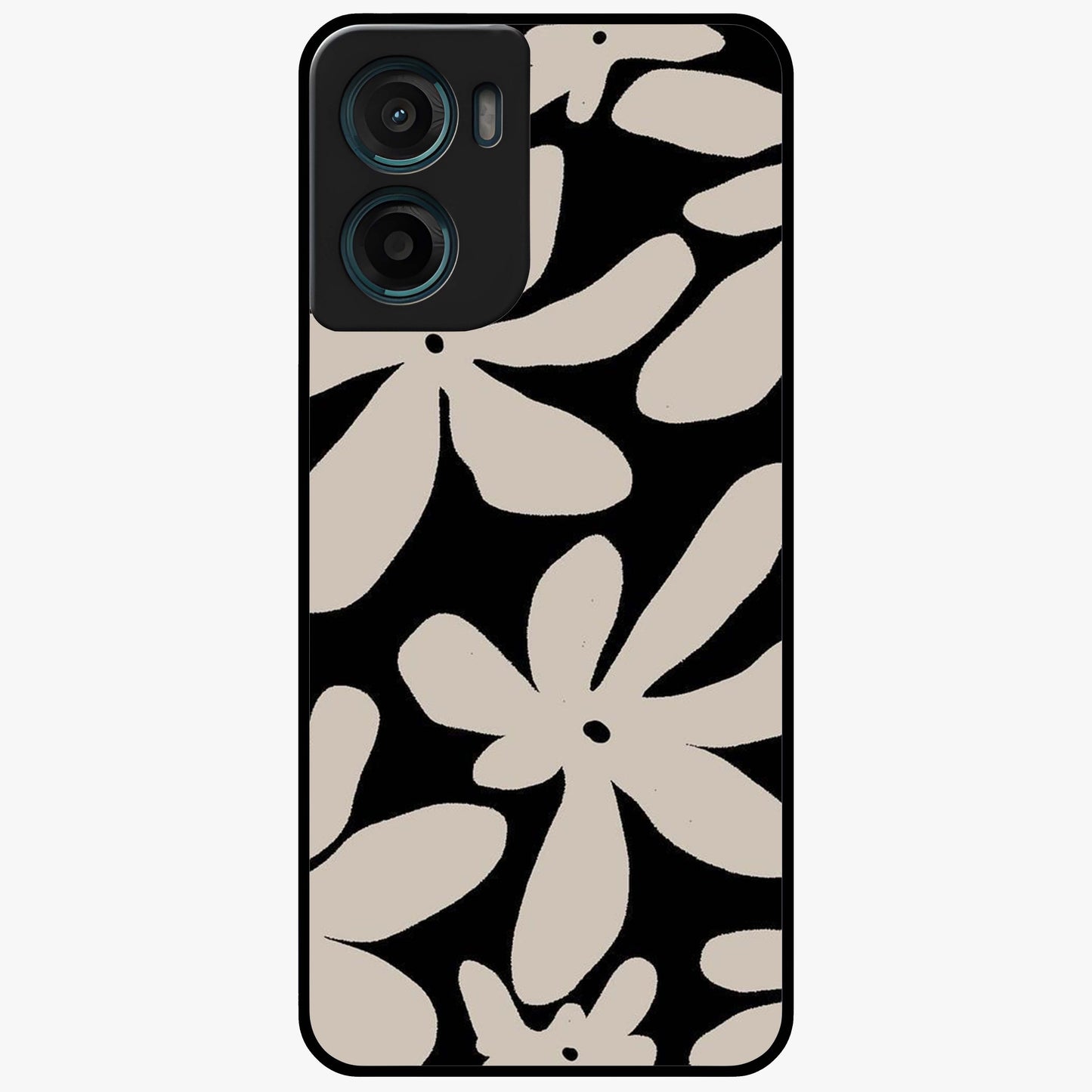 Monochrome Petal Dance Glass Case showing flat back view with monochrome floral artwork and glossy glass finish.