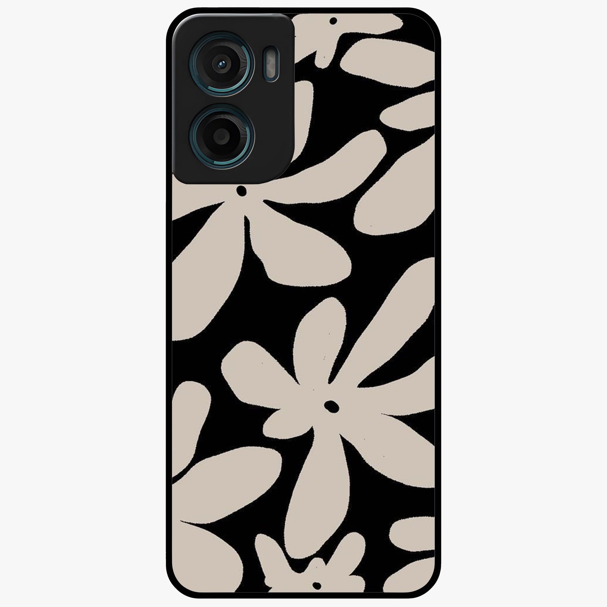Monochrome Petal Dance Glass Case showing flat back view with monochrome floral artwork and glossy glass finish.