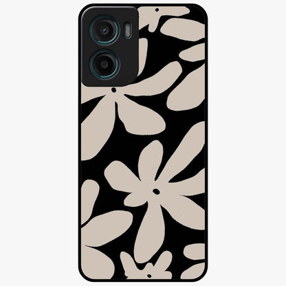 Monochrome Petal Dance Glass Case showing flat back view with monochrome floral artwork and glossy glass finish.