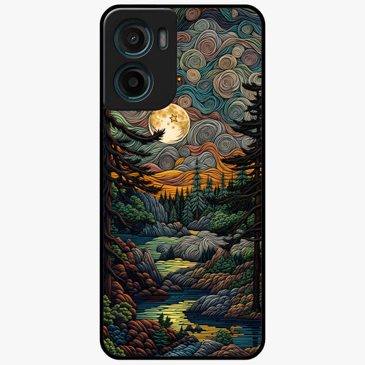 Moonlight Forest Dream Glass Case showing flat back view with mystical forest moonlight artwork and glossy glass finish.