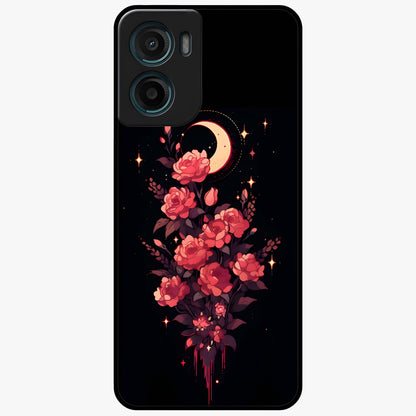 Moonlit Floral Elegance Glass Case showing flat back view with elegant floral artwork under moonlit tones and glossy glass finish.