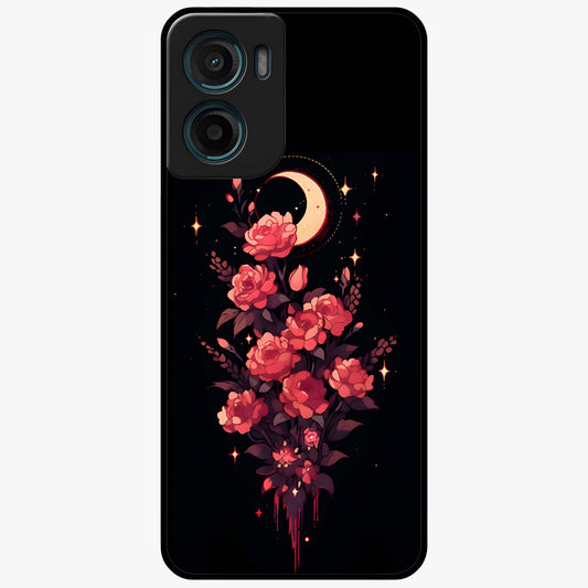Moonlit Floral Elegance Glass Case showing flat back view with elegant floral artwork under moonlit tones and glossy glass finish.