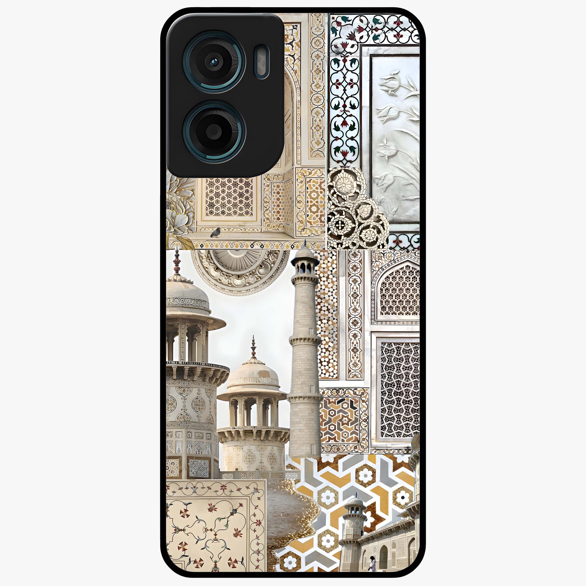 Mughal Marble Legacy Glass Case showing flat back view with intricate Mughal inspired marble pattern and glossy glass finish.