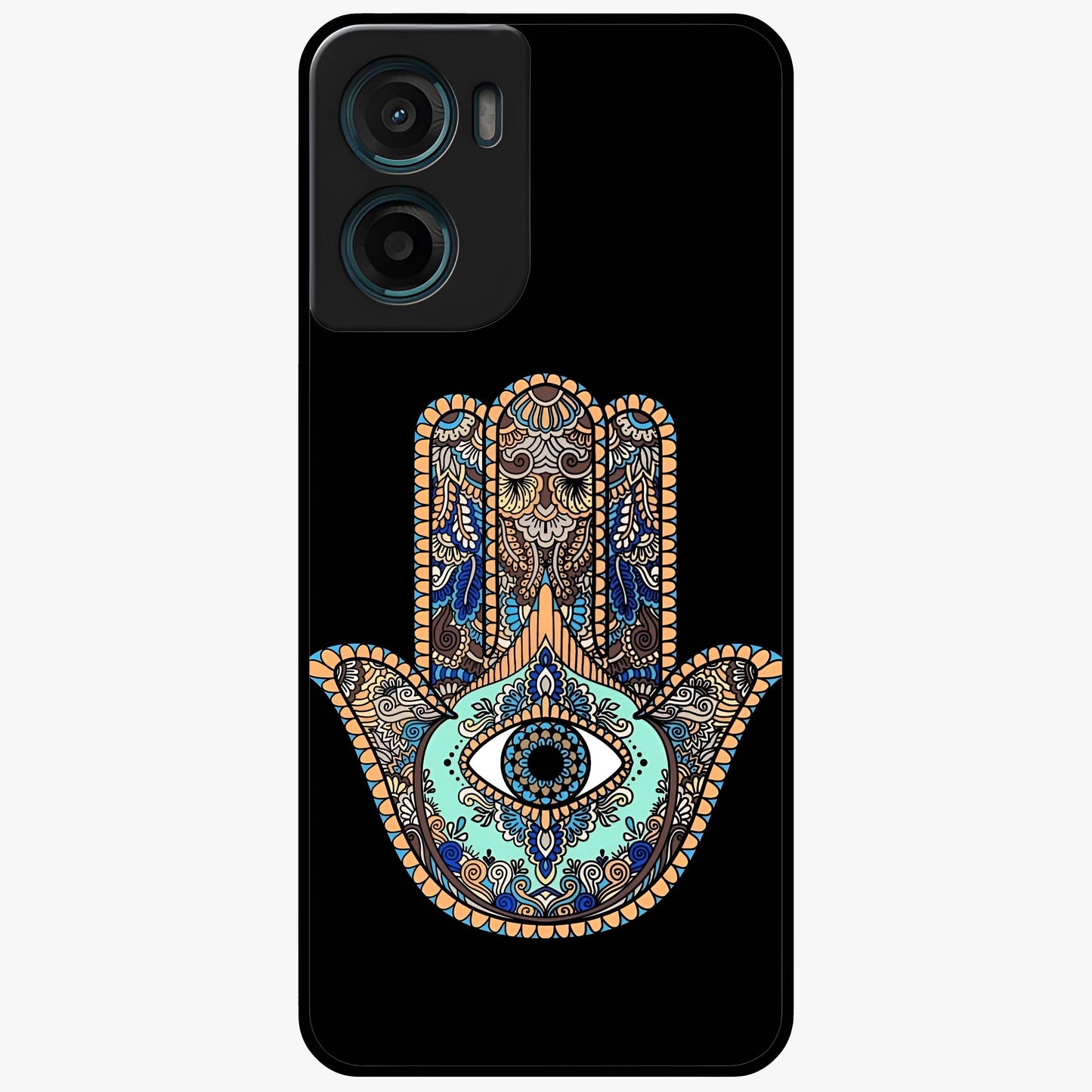 Mystic Hamsa Eye Glass Case showing flat back view with protective hamsa hand and evil eye artwork and glossy glass finish.