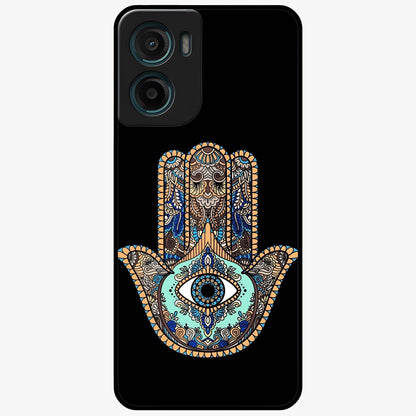 Mystic Hamsa Eye Glass Case showing flat back view with protective hamsa hand and evil eye artwork and glossy glass finish.