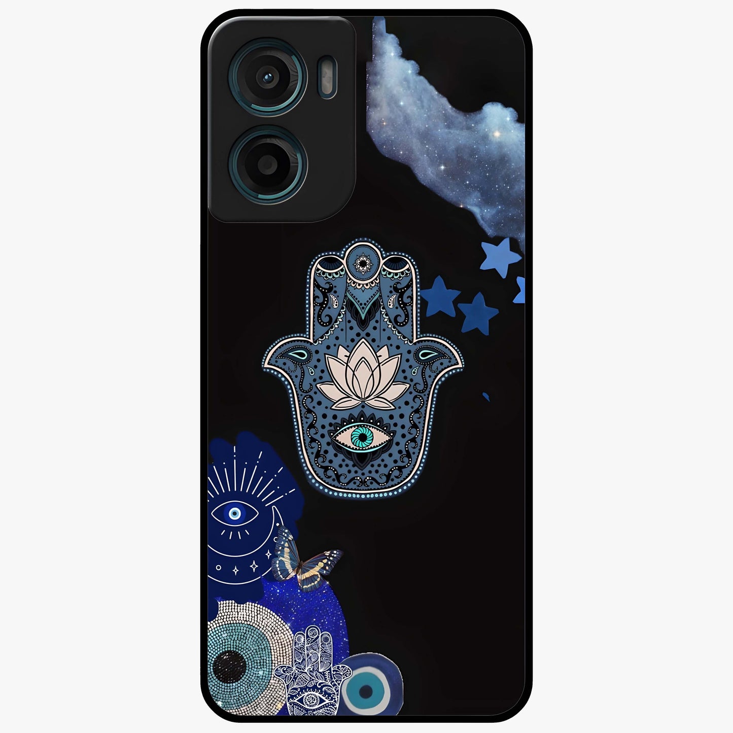Mystic Hand Aura Glass Case showing flat back view with mystical hand symbol artwork and glossy glass finish.