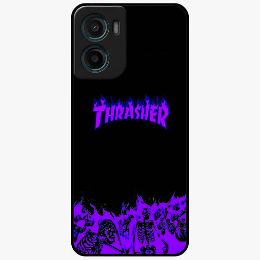 Neon Flame Riot Glass Case showing flat back view with neon flame artwork and glossy glass finish.