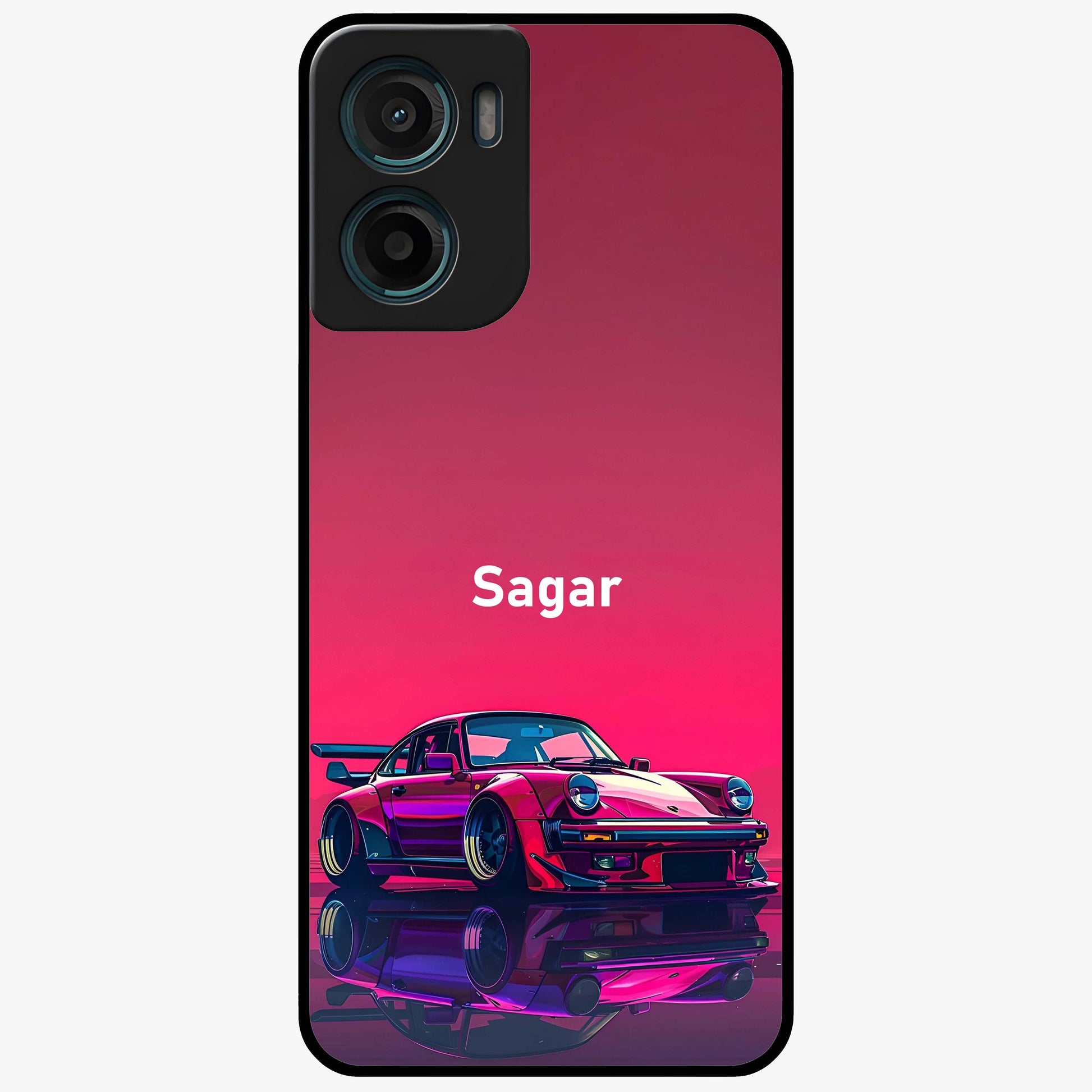 Neon Pink Porsche Glass Case showing flat back view with stylish sports car artwork and glossy glass finish.